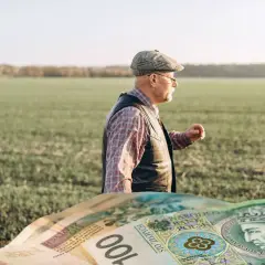 Rolnik w polu zastanawia się, ile wynosi emerytura rolnicza. Na pierwszym planie polskie banknoty.