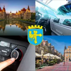 Kolaż: zamek, wnętrze samochodu z klimatyzacją, herb Łodzi, ulica miasta.