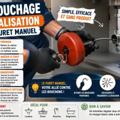 Utilisation d'un furet manuel pour débloquer un tuyau qui était obstrué. L'outil permet d'atteindre et de désagréger les bouchons.