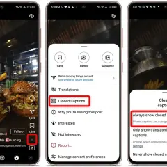 Handy-Display zeigt, wie man untertitel ausschalten kann. Drei Screenshots zeigen den Weg über das Menü zu den Einstellungen für Untertitel.