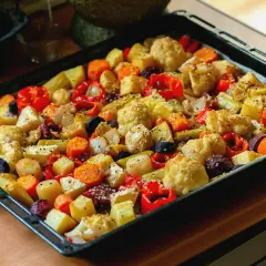 Kolorowe warzywa z piekarnika: ziemniaki, marchewka, kalafior, papryka i buraki, posypane sezamem.