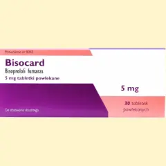 Opakowanie leku Bisocard 5 mg, zawierające 30 tabletek powlekanych bisoprololu fumaranu.