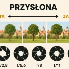 Jak ustawić przysłonę w aparacie? Grafika pokazuje wpływ otwartej i zamkniętej przysłony na głębię ostrości, od rozmytego tła przy f/1,4 do ostrych detali przy f/16.