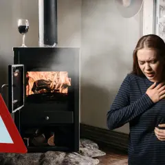 Une jeune femme a des difficultés à respirer près d'un poêle à bois en feu. Un panneau d'avertissement suggère un problème de tirage.