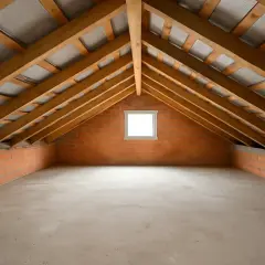 Locale tra solaio superiore e tetto di una casa, con pareti in mattoni, tetto spiovente in legno e un piccolo lucernario.
