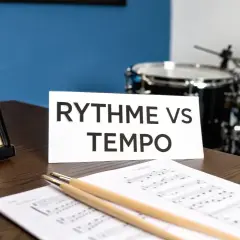 Un métronome, des partitions et des baguettes de batterie sur un bureau, avec un panneau "RYTHME VS TEMPO" et une batterie en arrière-plan. Le beat musique est partout.