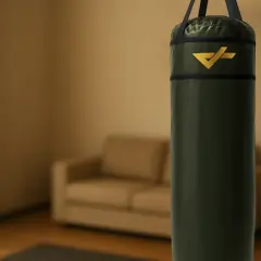 Worek treningowy w salonie, gotowy na trening bokserski w domu.