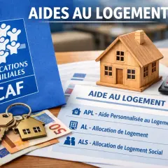 Dossier bleu CAF, maison en bois, clés, argent et calculatrice. Aide au logement : APL, AL, ALS.