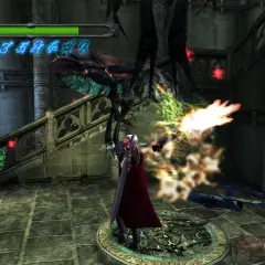 Dante z Devil May Cry 1 walczy z potworem w mrocznym zamku, używając magicznych mocy.