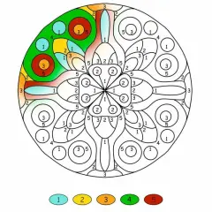 Kolorowanka mandala z numerami i legendą kolorów.