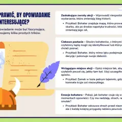 Ilustracja z hełmem wikinga, piórem i zwojem pergaminu, obok tekstu o pisaniu opowiadań.