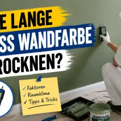 Ein Maler prüft mit einem Messgerät, wie lange Wandfarbe zum Trocknen braucht. Faktoren, Raumklima und Tipps werden thematisiert.