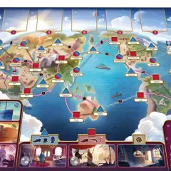 Spielbrett für "In 80 Tagen um die Welt". Spieler reisen mit Schiff und Bahn um den Globus, um das Ziel London zu erreichen.