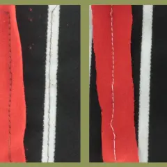 Left shows a stretch needle sewing, right shows a ballpoint needle. The stretch needle creates a neater stitch on stretchy fabric.