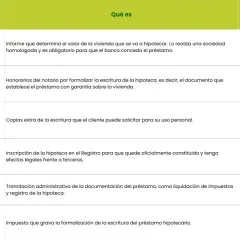 Tabla de gastos asociados a una **fein hipoteca**: tasación, notaría, copias, registro, gestoría e impuestos.
