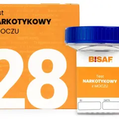 Test narkotykowy z moczu BISAF. Opakowanie i pojemnik na próbkę do badań.