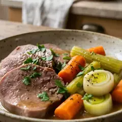Tranches de langue de bœuf tendres, servies avec des carottes, du poireau et du céleri, garnies de persil frais.