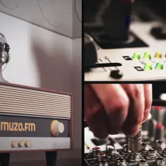 Dwie głowy w słuchawkach na tle retro radia z napisem muzo.fm. Obok mikser z migającymi diodami i podłączanym kablem.