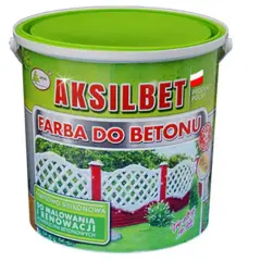 Jaka farba do betonu na zewnątrz? Pojemnik farby Aksilbet do malowania i renowacji powierzchni betonowych, z widokiem na odnowiony płot.
