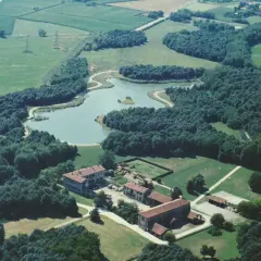 Un'oasi di pace: un lago serpeggia tra fitti alberi, creando un bosco in città. Edifici rurali si affacciano su prati verdi.