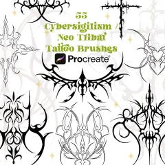 Zbiór 55 pędzli Procreate z motywami neo tribal, idealnych do tworzenia futurystycznych tatuaży.