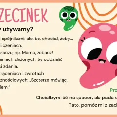 Ilustracja wyjaśnia, kiedy używamy przecinek, z zabawnymi postaciami.