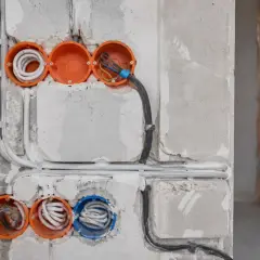 Osadzanie puszek elektrycznych w ścianie z betonu komórkowego. Widoczne przewody i instalacja elektryczna w trakcie prac.