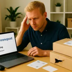 Homme inquiet devant son ordinateur affichant "Tracking: Delayed" pour une livraison Chronopost. Un colis endommagé est visible.