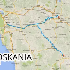 Trasa podróży przez Toskanię, z zaznaczonymi lotniskami w Pizie i Florencji, prowadzi przez malownicze miasteczka i krajobrazy.