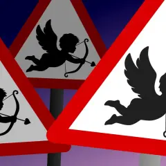 Segnali di pericolo con Cupido in silhouette, freccia pronta a scoccare. Un avvertimento rosso per l'amore.