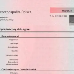 Skrócony odpis aktu zgonu z danymi osoby zmarłej i informacjami o czasie i miejscu zgonu. Dokument urzędowy.