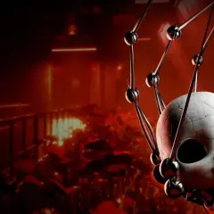 Przerażająca głowa lalki z pęknięciami, otoczona mechanicznymi ramionami, na tle mrocznego, czerwonego korytarza. Zapowiedź Poppy Playtime Chapter 5.
