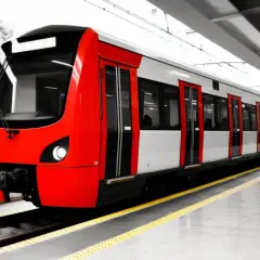Nowoczesny pociąg z czerwonymi i białymi pasami na peronie. Wyobraź sobie, że to przyszłe wilno metro.