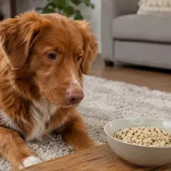 A fluffy brown dog looks curiously at a bowl of quinoa, wondering if dogs can eat quinoa.