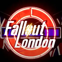 Neon-rotes Logo mit Blitz und britischen Flaggen. Fallout London: Ein postapokalyptisches Abenteuer in der britischen Hauptstadt.