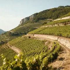 Vignoble en terrasses sur une colline escarpée, évoquant la célèbre cave Côte Rôtie. Le soleil dore les vignes luxuriantes.