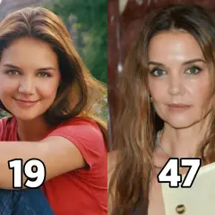 Katie Holmes, en av skådespelarna i rollistan i Dawsons Creek, som 19-åring och som 47-åring.