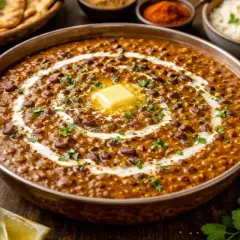 Dal Makhani, en krämig linsgryta med en rik masala krydda, toppad med smör och grädde. Serveras med naan och ris.