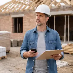 Inżynier w kasku nadzoruje system gospodarczy budowa domu. Trzyma telefon i teczkę.