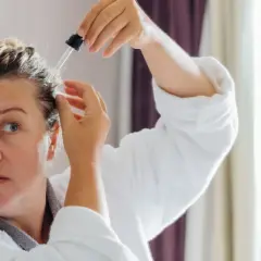 Kobieta w szlafroku aplikuje serum na skórę głowy. Wierzy, że goździki i rozmaryn na włosy przyniosą jej ulgę i wzmocnią kosmyki.