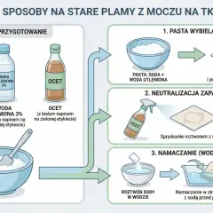 Ilustracja przedstawia składniki i etapy usuwania plam z moczu z tkanin: sodę, wodę utlenioną, ocet, pastę wybielającą, neutralizację zapachu i namaczanie.