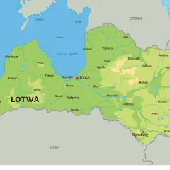 Mapa Łotwy z zaznaczonymi miastami, rzekami i wybrzeżem Morza Bałtyckiego. Na południu widoczna Litwa, z którą Łotwa graniczy.