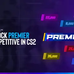 Czy CS GO jest za darmo? Grafika pokazuje, że odblokowanie Premier Competitive w CS2 wymaga punktów, np. 22,000 lub 35,000.