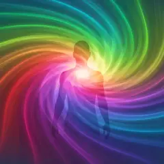 Siluetta umana immersa in un vortice arcobaleno, simbolo di speranza: di anedonia si guarisce.