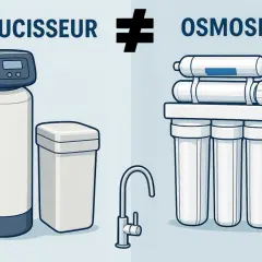 Comparaison entre un adoucisseur et un osmoseur, illustrant les différences dans le traitement de l'eau par osmose.