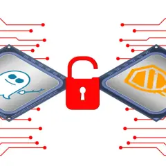 Deux puces informatiques, l'une avec un fantôme bleu, l'autre avec un bouclier orange, reliées par un cadenas rouge ouvert. Une mise à jour BIOS pour la sécurité.