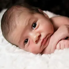 Neonato con guance rosse, occhi scuri e labbra socchiuse, forse in attesa dei primi denti.