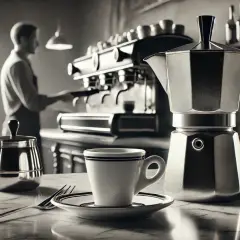 Kawiarka i filiżanka na blacie, barista w tle przygotowuje kawę. Idealne miejsce, by dowiedzieć się, jak się pije espresso.
