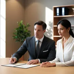Mężczyzna w garniturze podpisuje dokumenty przy biurku, obok siedzi kobieta w białej koszuli.