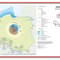 Mapa Polski z zaznaczonymi granicami. Wykres kołowy pokazuje, ile wynosi linia brzegowa Polski: 14,6% (524 km) to wybrzeże morskie, a 36% (1295 km) to granica na wodach granicznych.